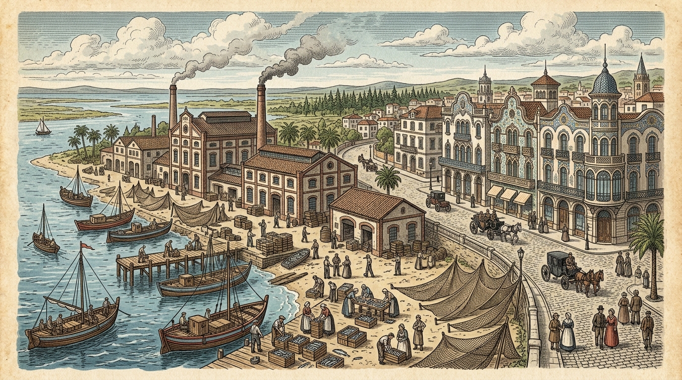 Ilustración del puerto y las fábricas de conservas de Isla Cristina durante la Época del Oro Azul, con fachadas modernistas al fondo