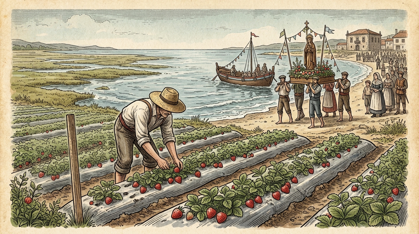 Ilustración de un agricultor recolectando fresas en primer plano y una procesión entrando en el mar al fondo