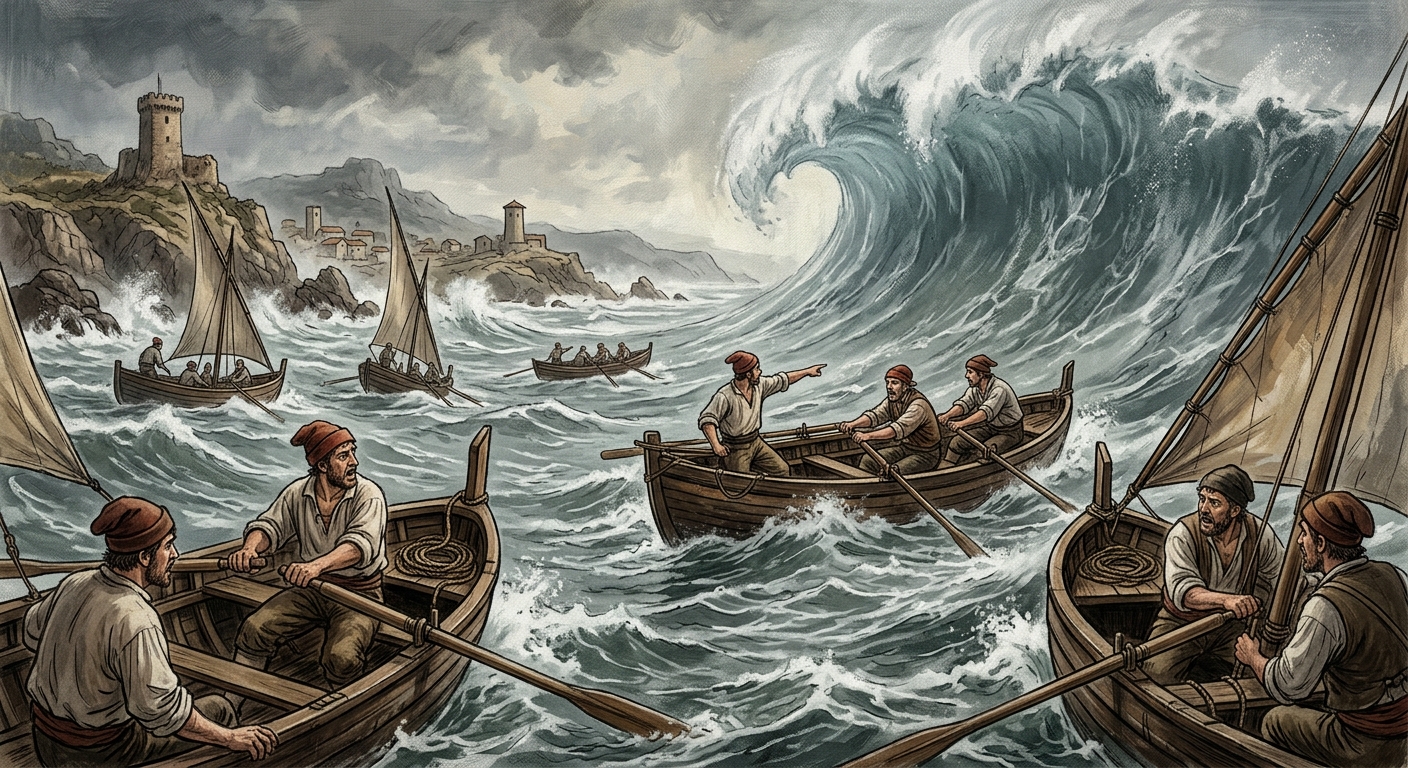 Ilustración de barcas de pesca enfrentando una ola enorme durante el maremoto de 1755