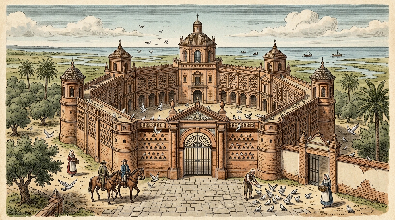 Ilustración de la fachada del gran palomar de la Huerta Noble, con torres, patio de acceso y miles de nidos