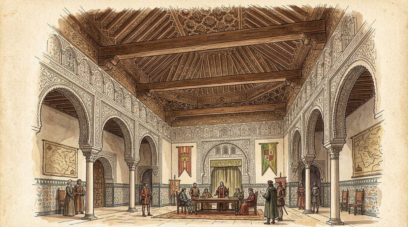 Ilustración del interior de la Sala Mudéjar, con arcos, techumbre de madera decorada y una reunión de concejo