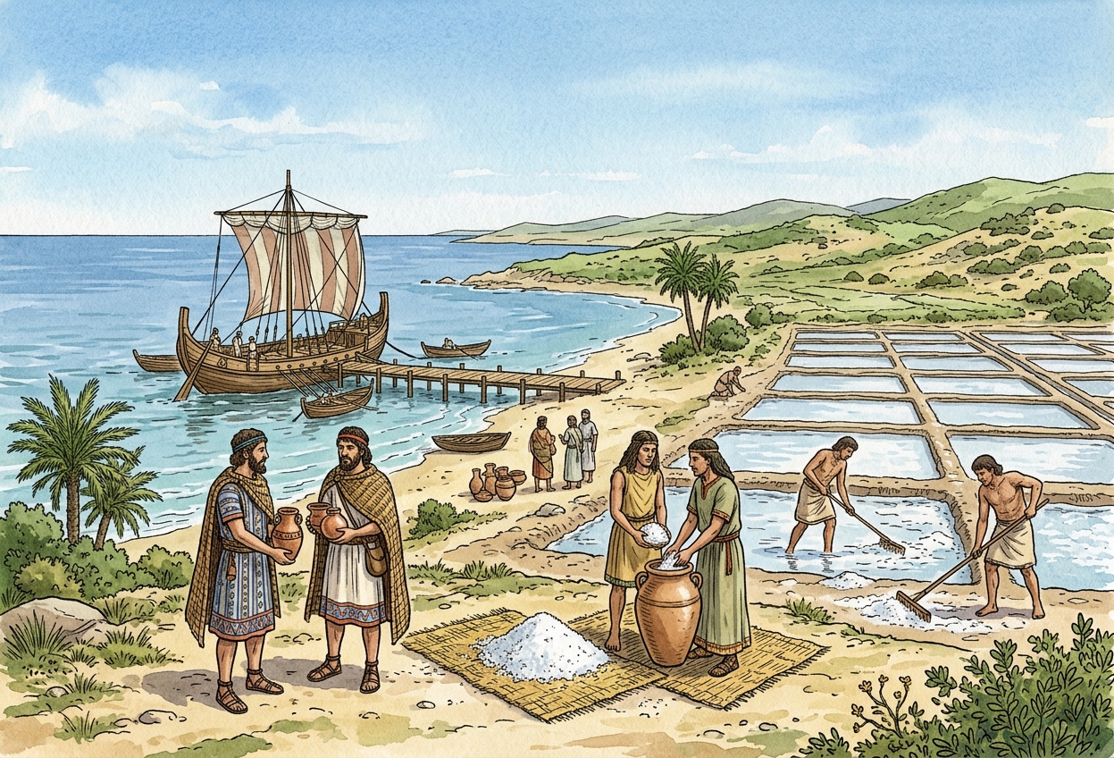 Ilustración de una escena de comercio y extracción de sal en la Antigüedad, junto a un puerto con un barco de vela